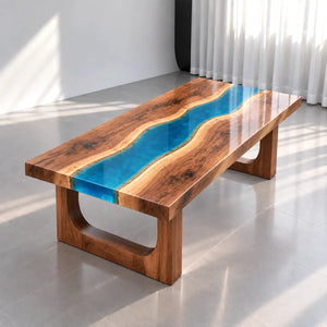 Custom Walnut Blue Epoxy Resin Patio Coffee Table | ECT-415 - Elitecustomtable