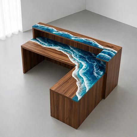 Custom Walnut Blue Ocean Wave Epoxy Reception Desk | ECT-411 - Elitecustomtable