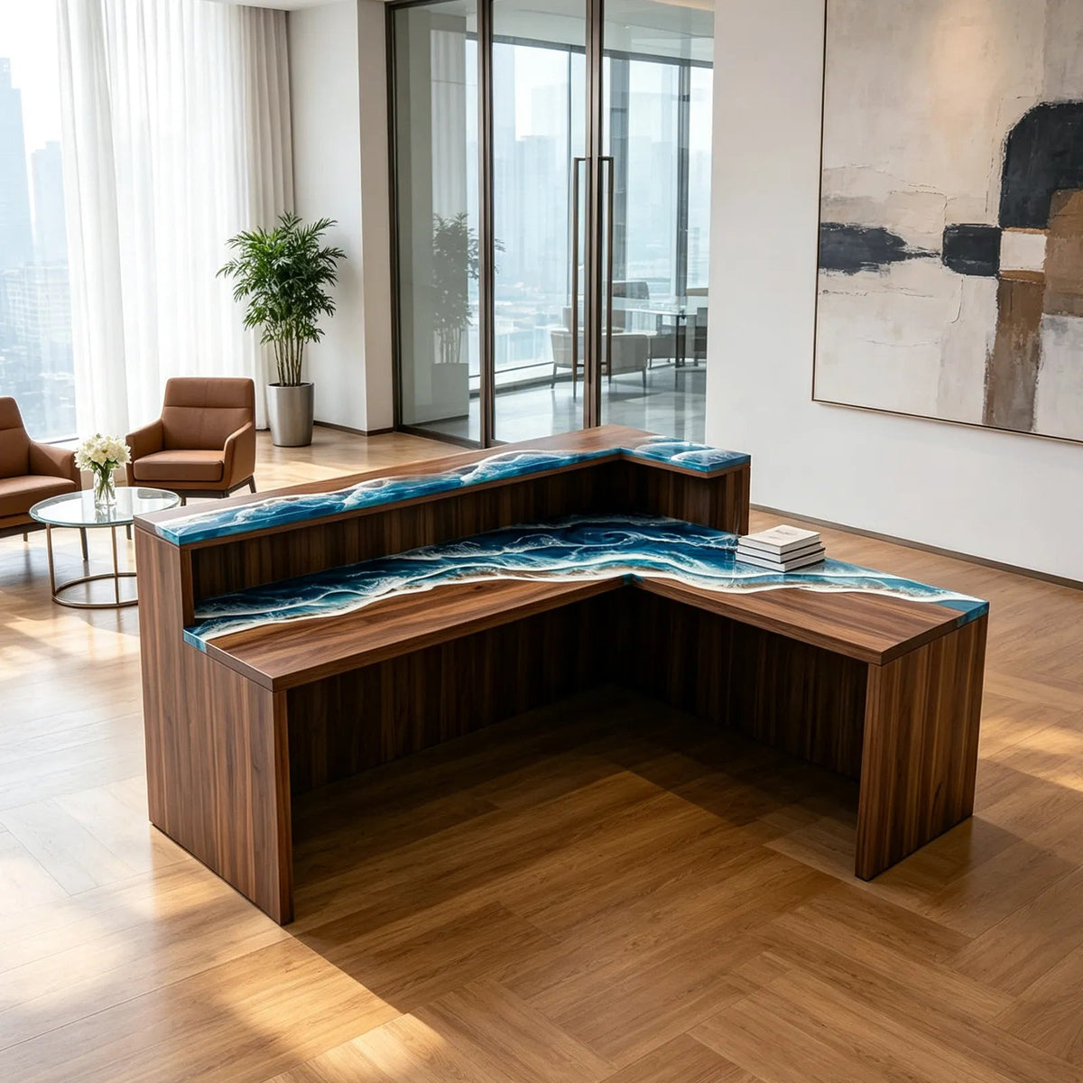 Custom Walnut Blue Ocean Wave Epoxy Reception Desk | ECT-411 - Elitecustomtable