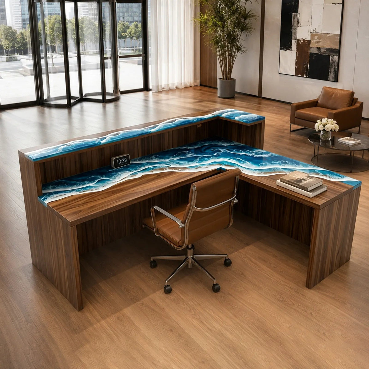 Custom Walnut Blue Ocean Wave Epoxy Reception Desk | ECT-411 - Elitecustomtable
