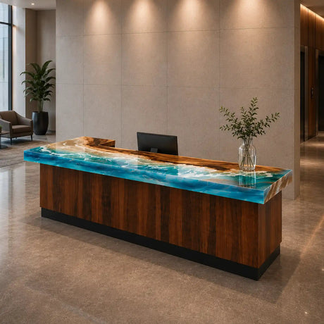 Custom Walnut Blue Ocean Wave Epoxy Reception Desk | ECT-413 - Elitecustomtable