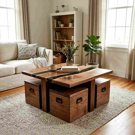 Custom Walnut Coffee Table with Black Epoxy Resin Inlay | ECT-350 - Elitecustomtable