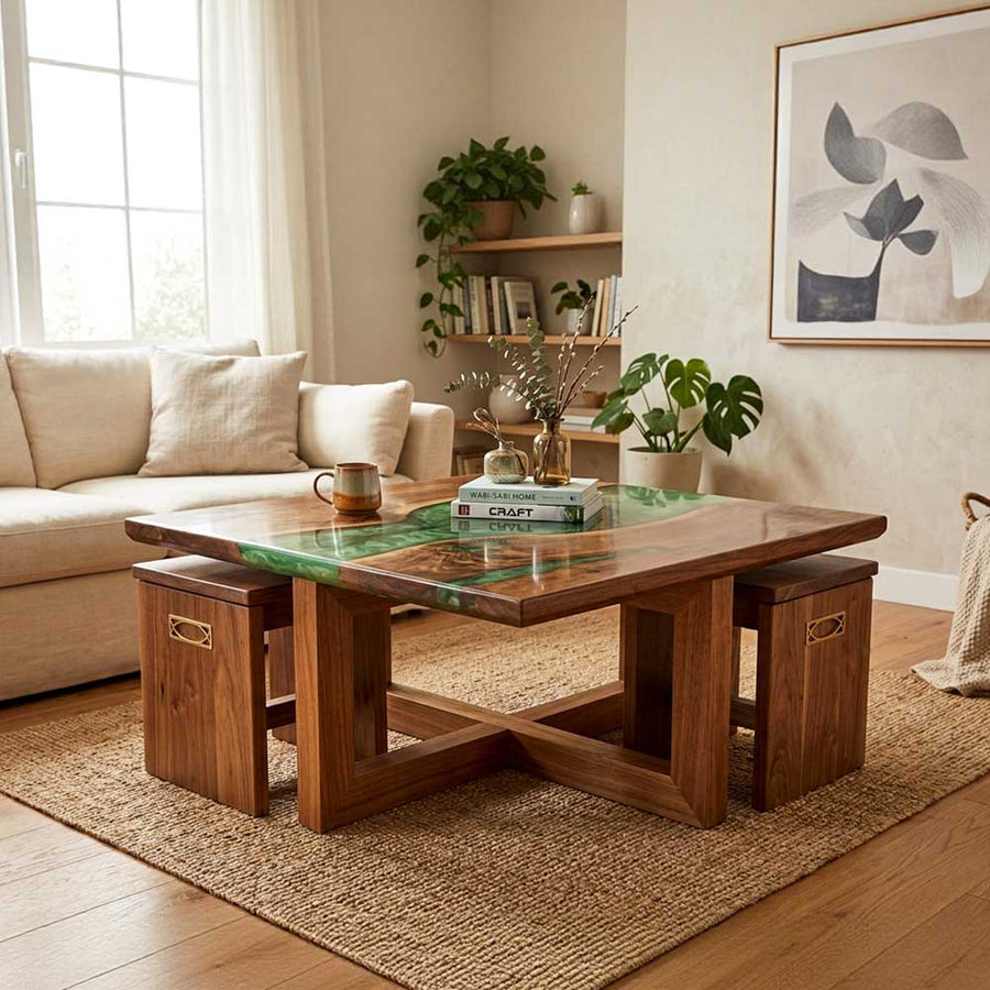 Custom Walnut Coffee Table with Emerald Green Transparent Epoxy Resin | ECT-351