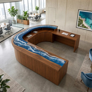 Custom Walnut Curved Ocean Wave Epoxy Reception Desk | ECT-412 - Elitecustomtable
