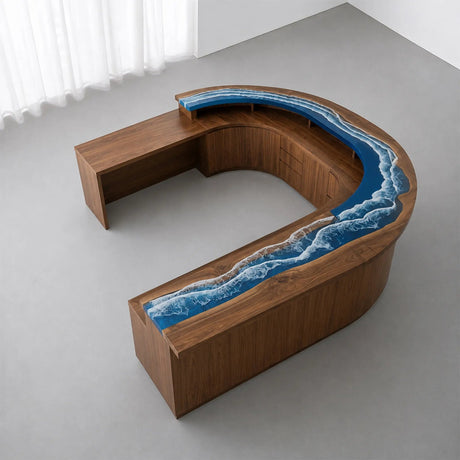 Custom Walnut Curved Ocean Wave Epoxy Reception Desk | ECT-412 - Elitecustomtable