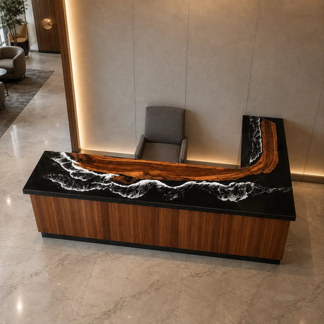 Custom walnut epoxy resin front desk combining dramatic ocean-inspired wave patterns with natural wood textures and a contemporary reception counter design