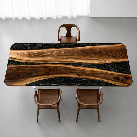 Custom walnut epoxy river meeting table showcasing flowing natural wood grain, sculptural black resin inlays, and contemporary executive styling