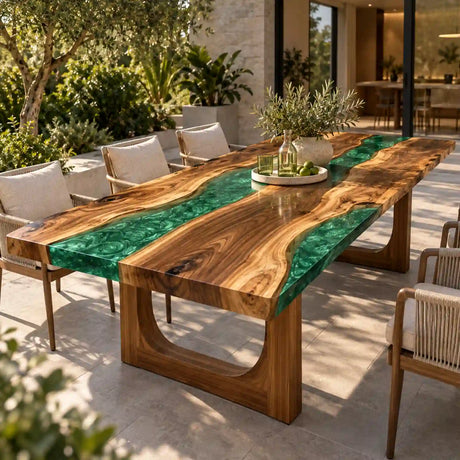 Custom walnut epoxy dining table combining two flowing green resin rivers with beautifully figured natural wood slabs and warm golden tones