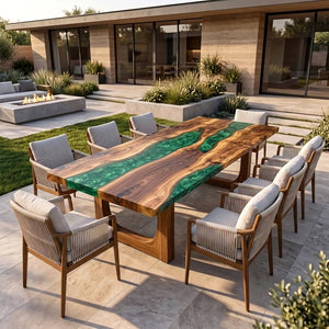 Custom Walnut Green Epoxy Resin Patio Dining Table | ECT-414 - Elitecustomtable