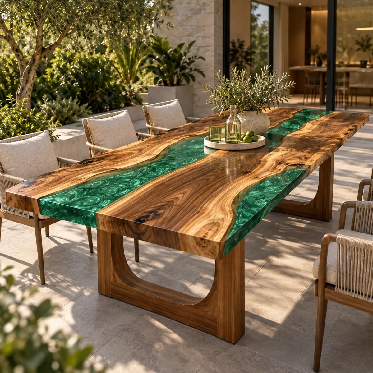 Custom Walnut Green Epoxy Resin Patio Dining Table | ECT-414 - Elitecustomtable