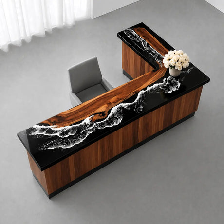 Custom Walnut Ocean Wave Epoxy Reception Desk | ECT-410 - Elitecustomtable