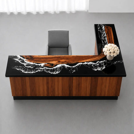 Custom Walnut Ocean Wave Epoxy Reception Desk | ECT-410 - Elitecustomtable