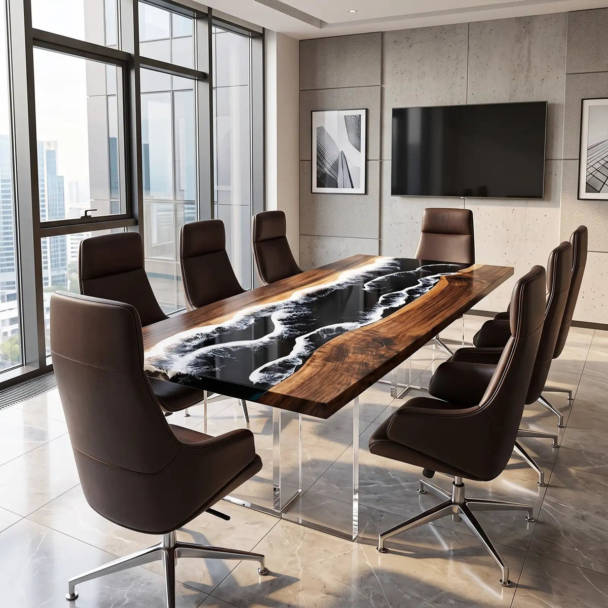 Custom Walnut Ocean Wave Epoxy Resin Conference Table | ECT-394 - Elitecustomtable