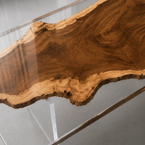 Custom Walnut Office Desk with Crystal Clear Epoxy Resin Straight Edge | ECT-362 - Elitecustomtable