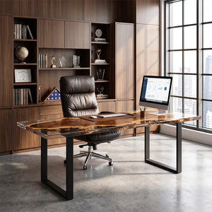 Custom Walnut Office Desk with Crystal Clear Epoxy Resin Straight Edge | ECT-362 - Elitecustomtable
