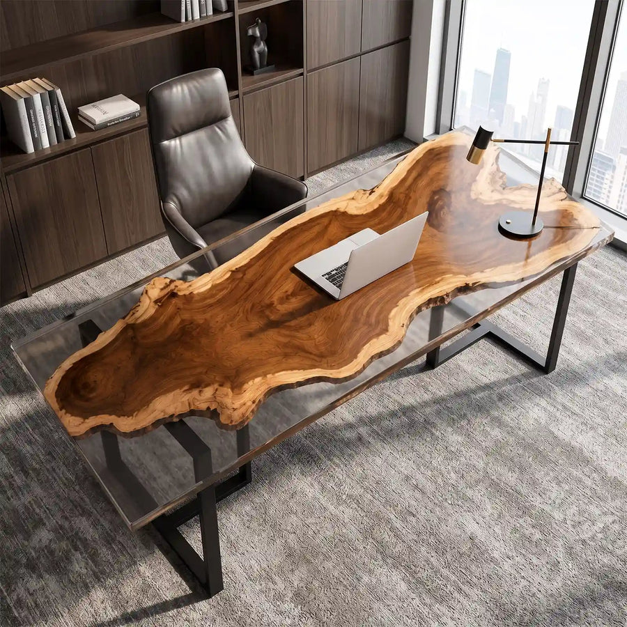Custom Walnut Office Desk with Crystal Clear Epoxy Resin Straight Edge | ECT-362