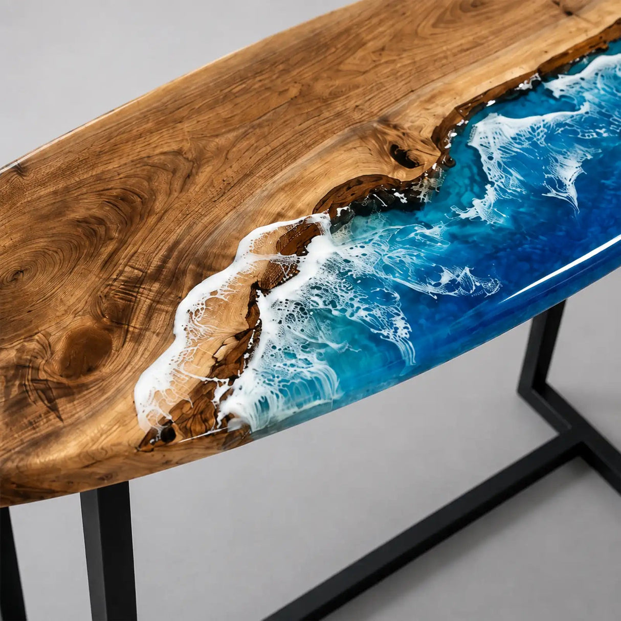 Custom Walnut Surfboard Ocean Wave Epoxy Resin Console Table | ECT-389 - Elitecustomtable
