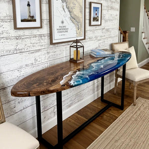 Custom Walnut Surfboard Ocean Wave Epoxy Resin Console Table | ECT-389 - Elitecustomtable