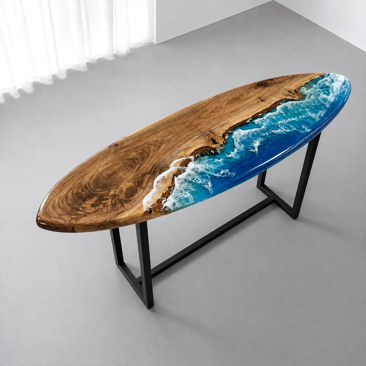 Custom Walnut Surfboard Ocean Wave Epoxy Resin Console Table | ECT-389 - Elitecustomtable