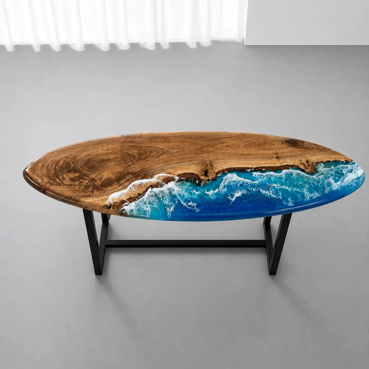 Custom Walnut Surfboard Ocean Wave Epoxy Resin Console Table | ECT-389 - Elitecustomtable