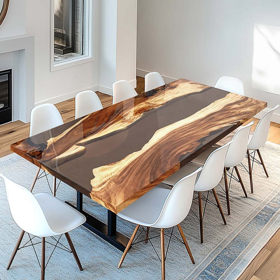 Custom Walnut Wood Amber Epoxy Resin River Dining  Table ECT-58