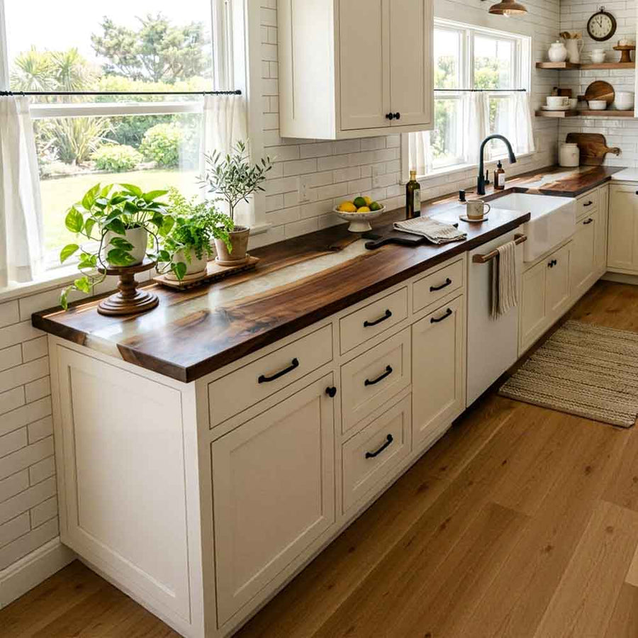 Custom White Epoxy Resin Kitchen Countertop – 100% Solid Walnut | ECT-329