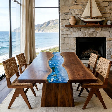 Elite Walnut Ocean Epoxy Dining Table – Handcrafted Straight Edge River Table with Ocean Resin Art ECT-284