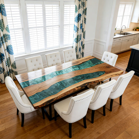 Elite Walnut Live Edge Emerald Green Epoxy River Dining Table – Handcrafted Marbled Resin Tabletop ECT-288