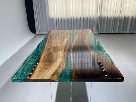In-Stock Black Walnut Green Epoxy Resin Dining Table 48" × 96"