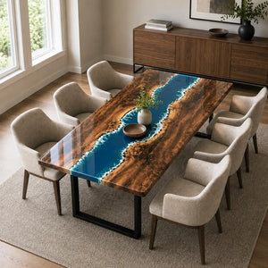 Black Walnut Ocean Wave Epoxy Resin Dining Table | ECT-383