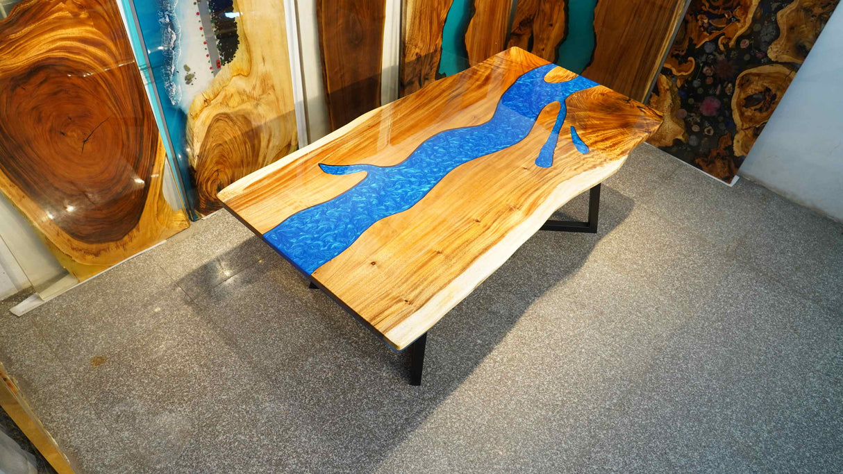 In-Stock Walnut Live Edge Blue Epoxy Resin Dining Table 42" × 84"