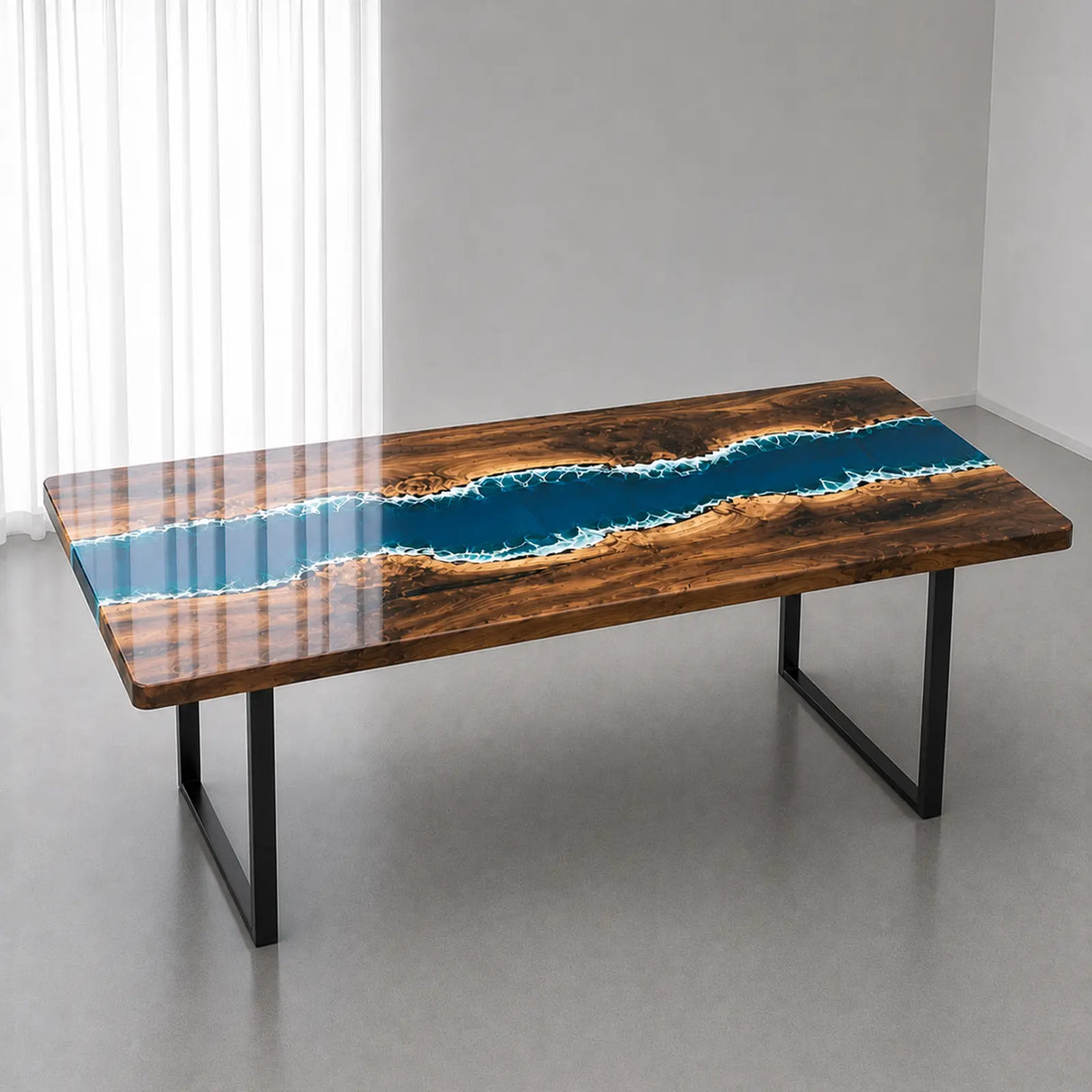 Black Walnut Ocean Wave Epoxy Resin Dining Table | ECT-383