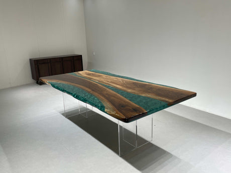 In-Stock Black Walnut Green Epoxy Resin Dining Table 48" × 96"