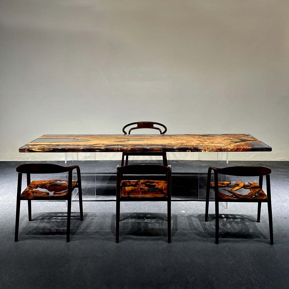 Elite Artistic Golden Camphor Wood & Transparent Epoxy Resin Dining Table ECT - 144 - Elitecustomtable