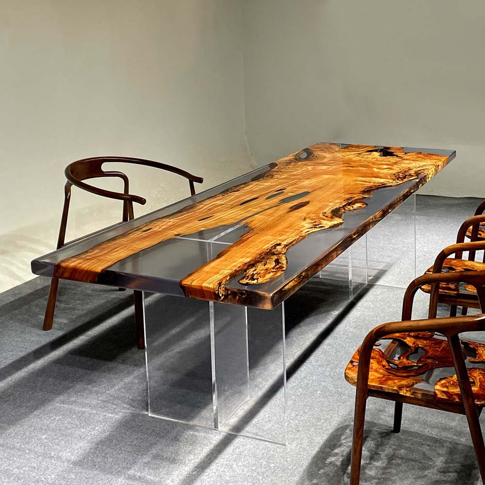 Elite Artistic Golden Camphor Wood & Transparent Epoxy Resin Dining Table ECT - 144 - Elitecustomtable