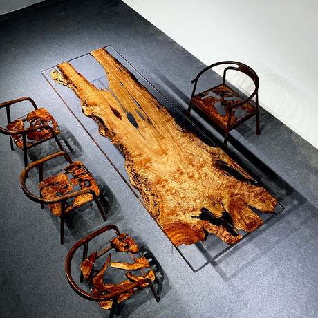 Elite Artistic Golden Camphor Wood & Transparent Epoxy Resin Dining Table ECT - 144 - Elitecustomtable