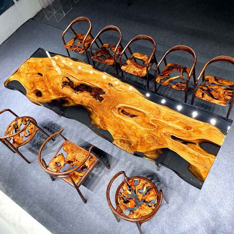 Elite Artistic Olive Wood & Transparent Black - Gray Epoxy Resin Dining Table ECT - 153 - Elitecustomtable
