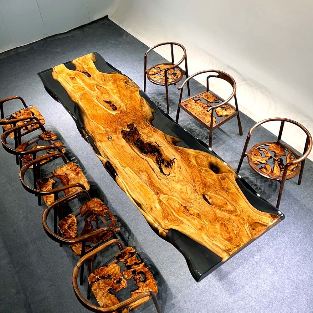 Elite Artistic Olive Wood & Transparent Black - Gray Epoxy Resin Dining Table ECT - 153 - Elitecustomtable