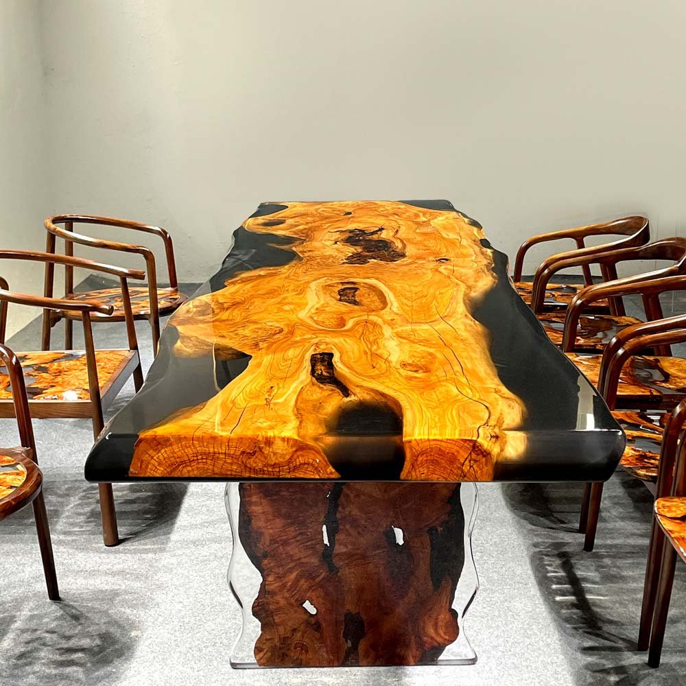 Elite Artistic Olive Wood & Transparent Black - Gray Epoxy Resin Dining Table ECT - 153 - Elitecustomtable