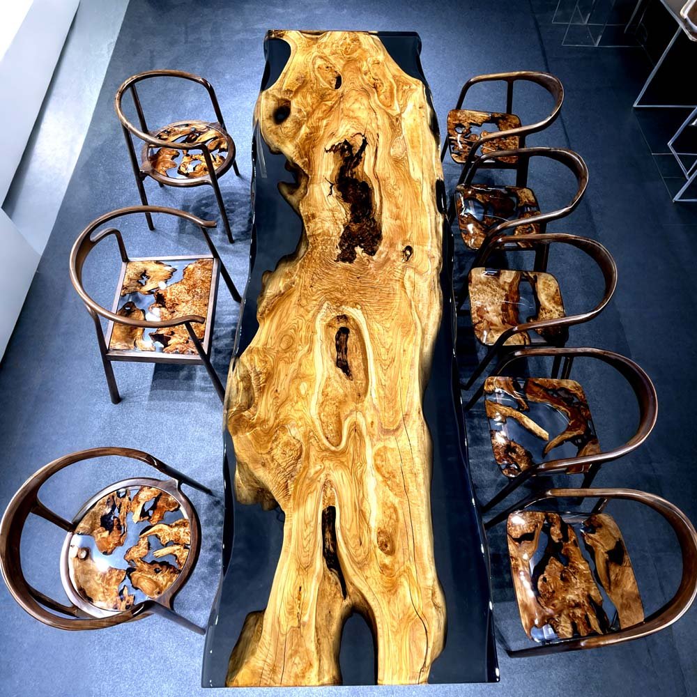 Elite Artistic Olive Wood & Transparent Black - Gray Epoxy Resin Dining Table ECT - 153 - Elitecustomtable