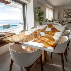 Elite Artistic Walnut Wood & Pure White Epoxy Resin Dining Table ECT - 80 - Elitecustomtable