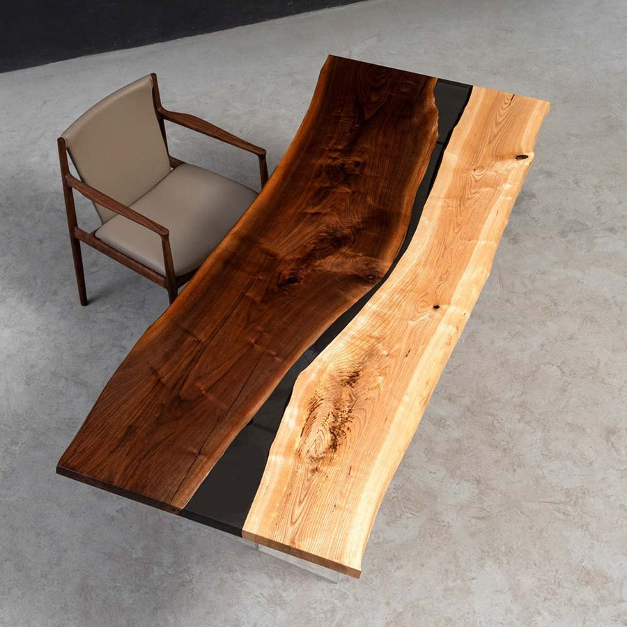 Elite Black Walnut & Ash Wood Dining Table with Black Epoxy River ECT-08