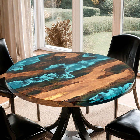 Elite Black Walnut Round Table with Turquoise - Blue Epoxy Ocean Waves ECT - 03 - Elitecustomtable
