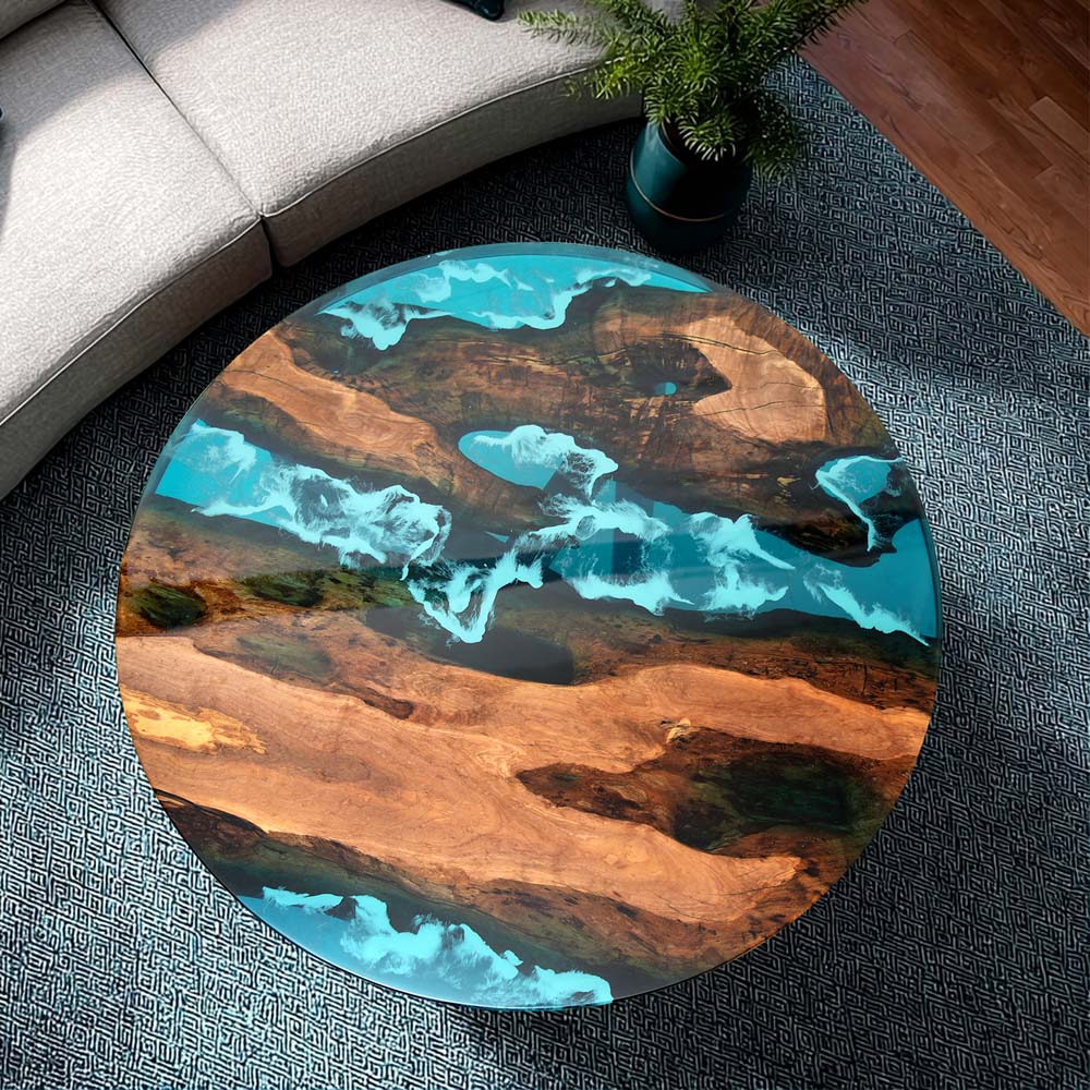 Elite Black Walnut Round Table with Turquoise - Blue Epoxy Ocean Waves ECT - 03 - Elitecustomtable