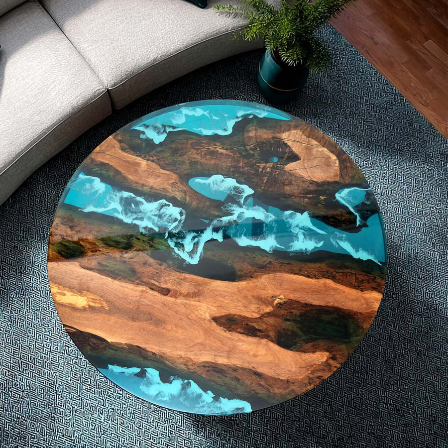 Elite Black Walnut Round Table with Turquoise - Blue Epoxy Ocean Waves ECT-03