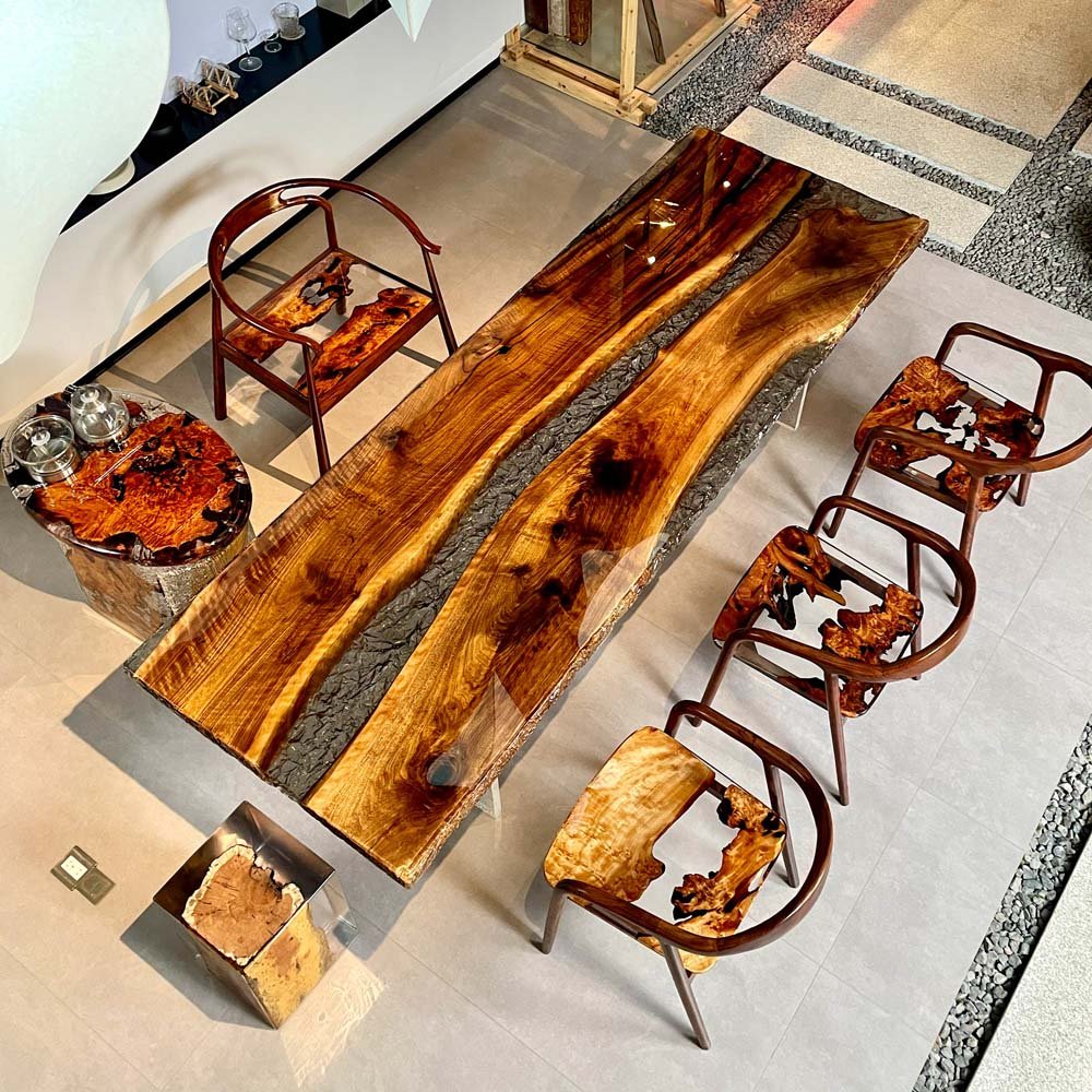 Elite Black Walnut & Transparent Black - Gray Crystal Epoxy Resin Dining Table ECT - 154 - Elitecustomtable