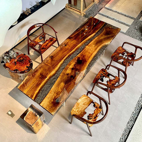 Elite Black Walnut & Transparent Black - Gray Crystal Epoxy Resin Dining Table ECT - 154 - Elitecustomtable