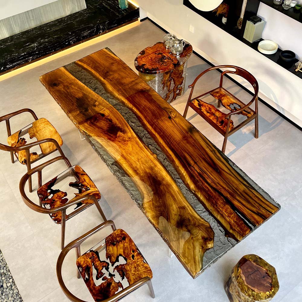 Elite Black Walnut & Transparent Black - Gray Crystal Epoxy Resin Dining Table ECT - 154 - Elitecustomtable