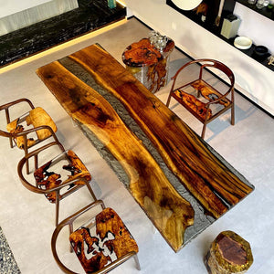 Elite Black Walnut & Transparent Black - Gray Crystal Epoxy Resin Dining Table ECT - 154 - Elitecustomtable