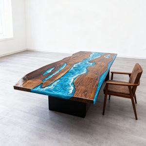 Elite Black Walnut Wood & Coastal Cliff Wave Epoxy Live - Edge Dining Table ECT - 137 - Elitecustomtable
